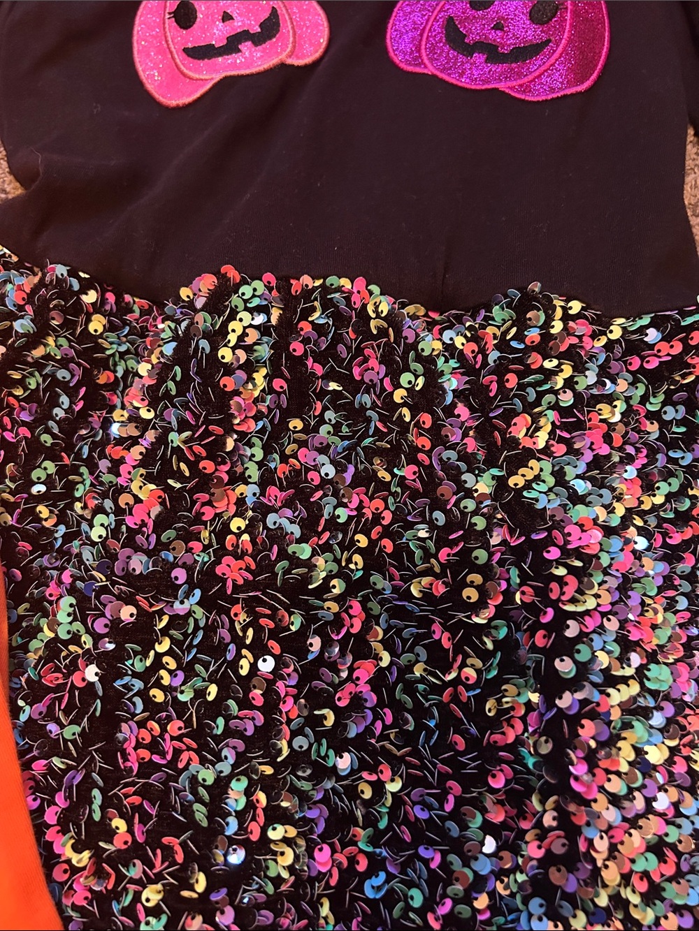 Girls Black Pumpkin Sequin Halloween Dress with Orange Leggings - Picture 2 of 8
